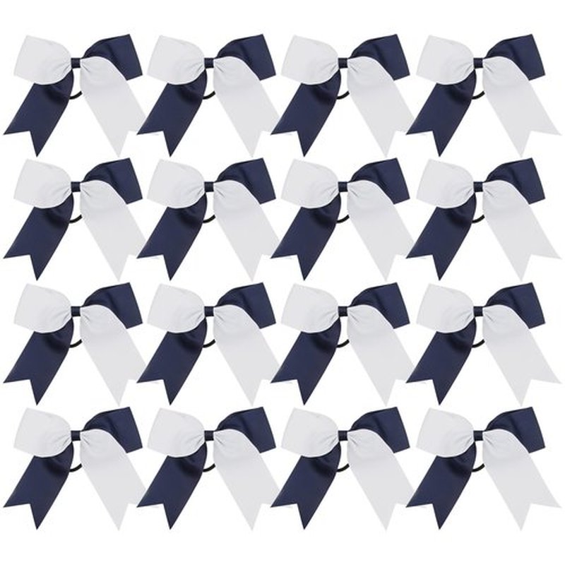 Cheer Bows 6 Inch 2 Color Ponytail Holder Hair Tie 16 Pcs Hair Bow Cheerleader Bows Hair Tie (White/Navy Blue)