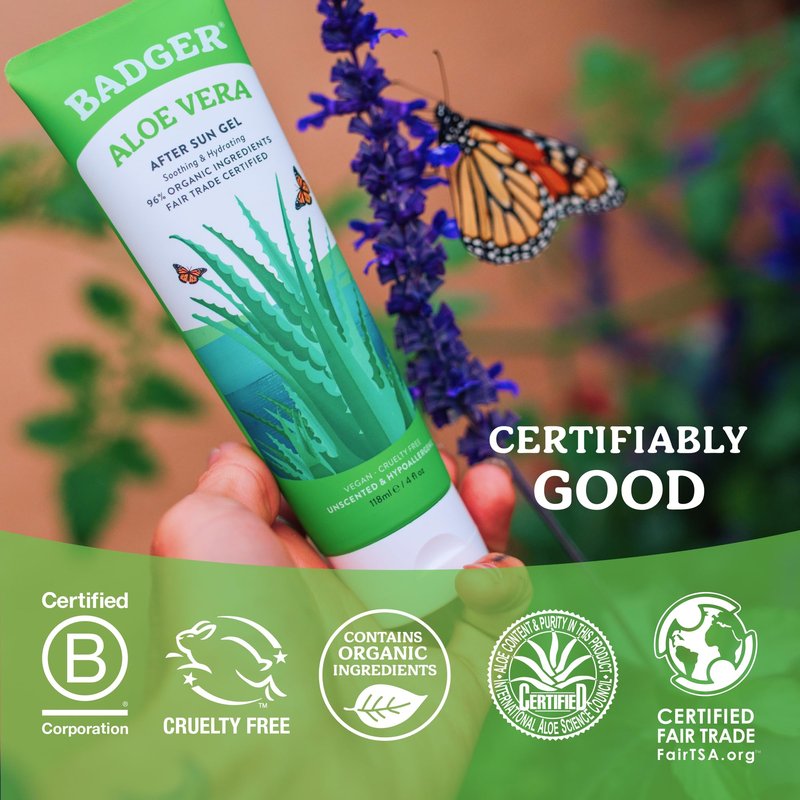 Badger Organic Aloe Vera Gel for Face & Body, 96% Pure Unscented Organic Aloe Gel for Cooling, Soothing, Non-Sticky Sunburn Relief, Vegan, Fair Trade & Hypoallergenic, 4 fl oz