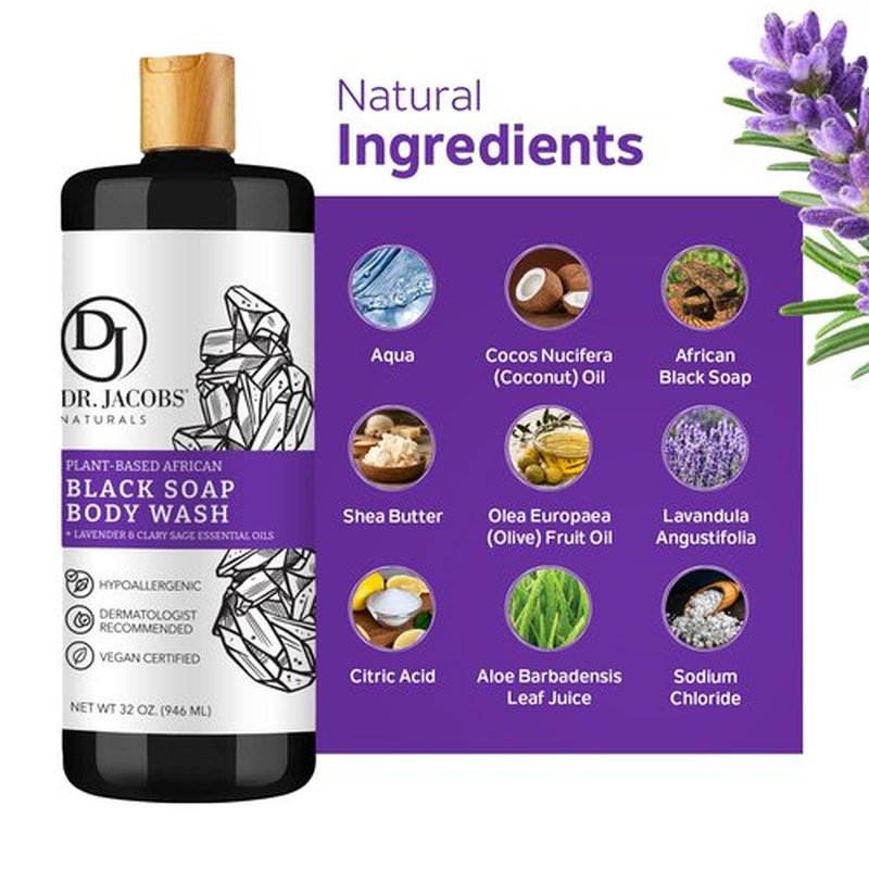 Dr Jacobs Naturals Authentic African Black Liquid Soap with Lavender & Sage Scent All-In-One Face Wash, Sensitive Skin Body Wash, Shampoo, Shaving Soap | Moisturizing and Nourishing Formula 32oz 1pk