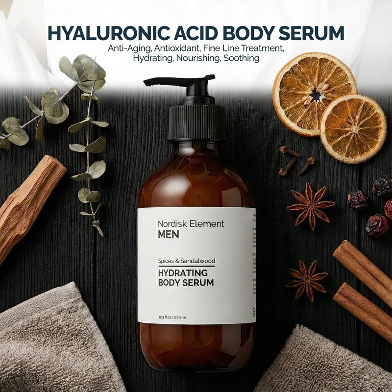 Nordisk Element Body Serum for Men, 9.13 Fl Oz | Lightweight & Instant Hydrating Serum with Hyaluronic Acid, Antioxidants & Nordic Botanicals | Vegan, Spices & Sandalwood Scent