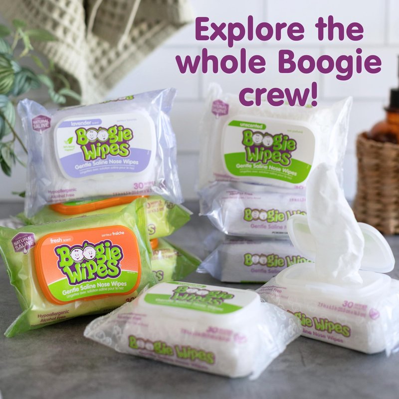 Boogie Wipes Gentle Saline Nose Wipes - 45 Count - Lavender Scent, Hypoallergenic & Alcohol-Free - Allergy Relief - Made with Natural Saline, Aloe, Chamomile & Vitamin E - Diaper Bag Essential