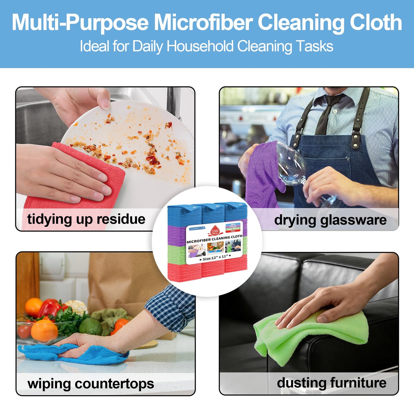 HOMERHYME Microfiber Cleaning Cloth, 150 Pack Cleaning Rags,12" X 11" Lint Free Dish Towels Wash Cloths, Reusable Microfiber Towels for Home and Kitchen Bathroom Apartment Cleaning Supplies, Assorted