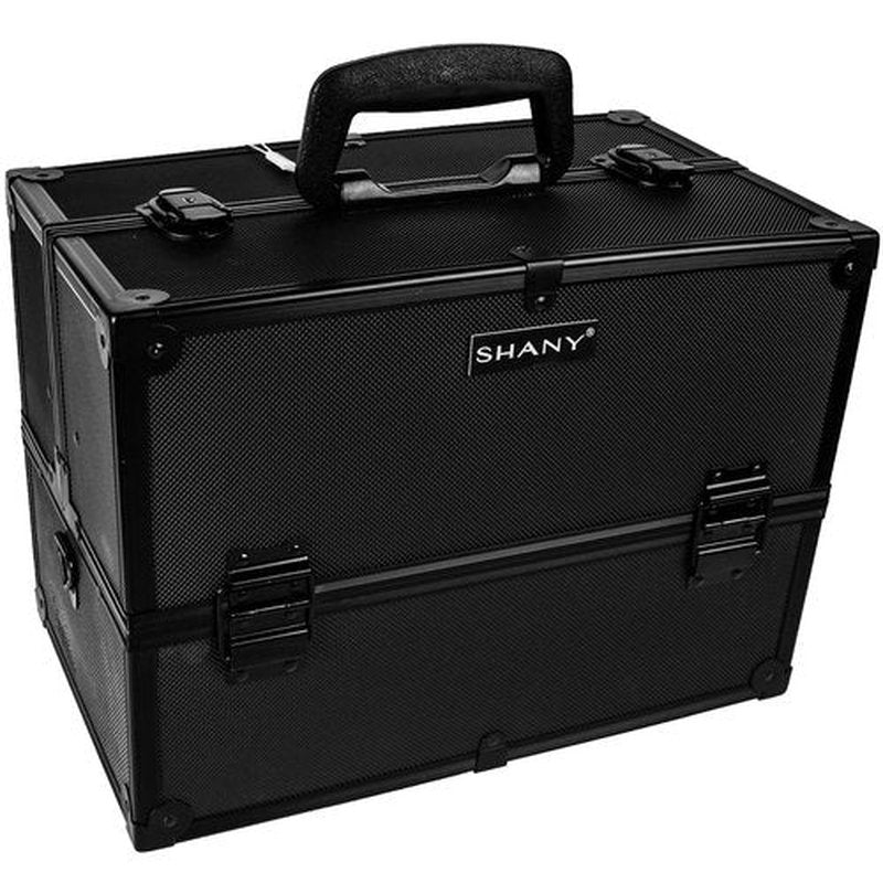SHANY Essential Pro Makeup Train Case Cosmetic Box Portable Makeup Case Cosmetics Beauty Organizer Jewelry storage with Locks, Multi Compartments Makeup Box and Shoulder Strap - All Black