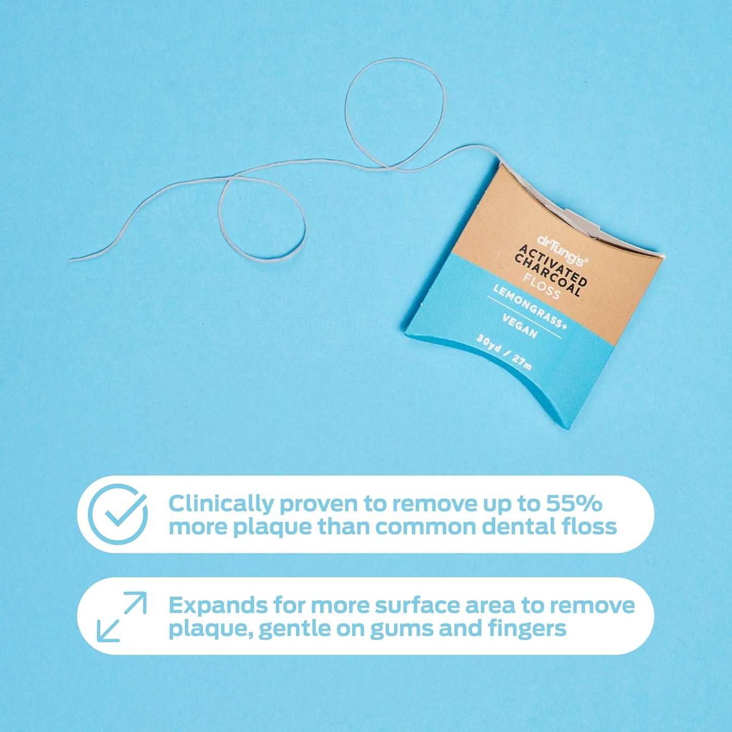 DrTung's Vegan Activated Charcoal Floss - Natural Floss, PTFE & PFAS Free Floss, Gentle on Gums, Expands & Stretches, BPA Free Floss - Natural Dental Floss Lemongrass Flavor (Pack of 6)