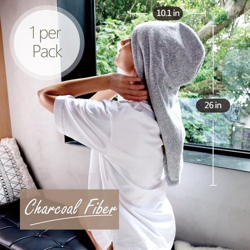 myHomeBody Hair Towel Wrap, Luxury Rapid-Dry Hair-Drying Turban, Ultra Soft and Quick Drying Absorbent Charcoal Fiber, with Coconut Shell Button - Gray