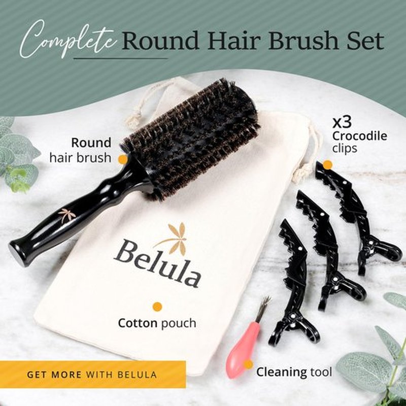 Belula 100% Soft Boar Bristle Round Brush for Blow Drying Set. Round Hair Brush With Small 1.6” Wooden Barrel. Hairbrush Ideal to Add Volume and Body. Free 3 x Hair Clips & Travel Bag.