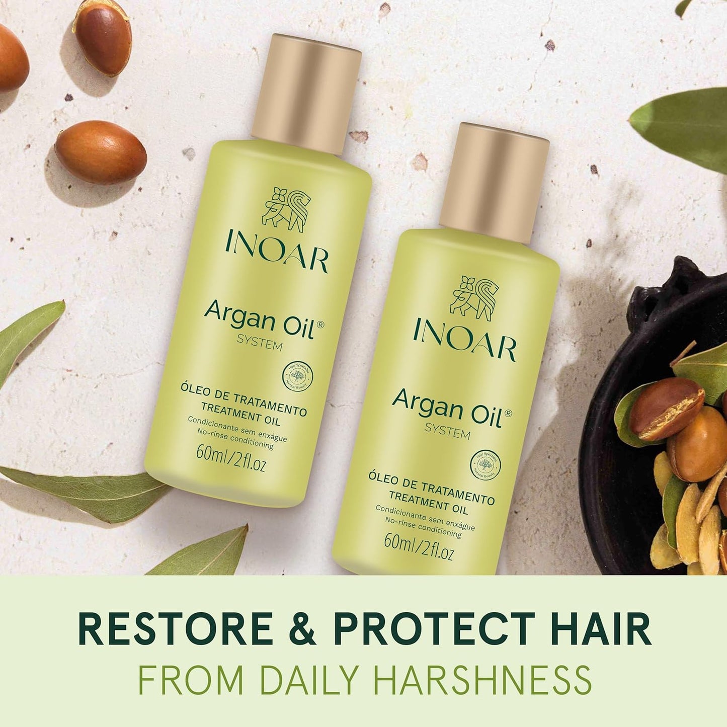 Inoar Argan Oil Hydrating Treatment Oil with Smoothing & Thermal Protection for Hair, Vegan & Cruelty-Free, 2 Fl Oz