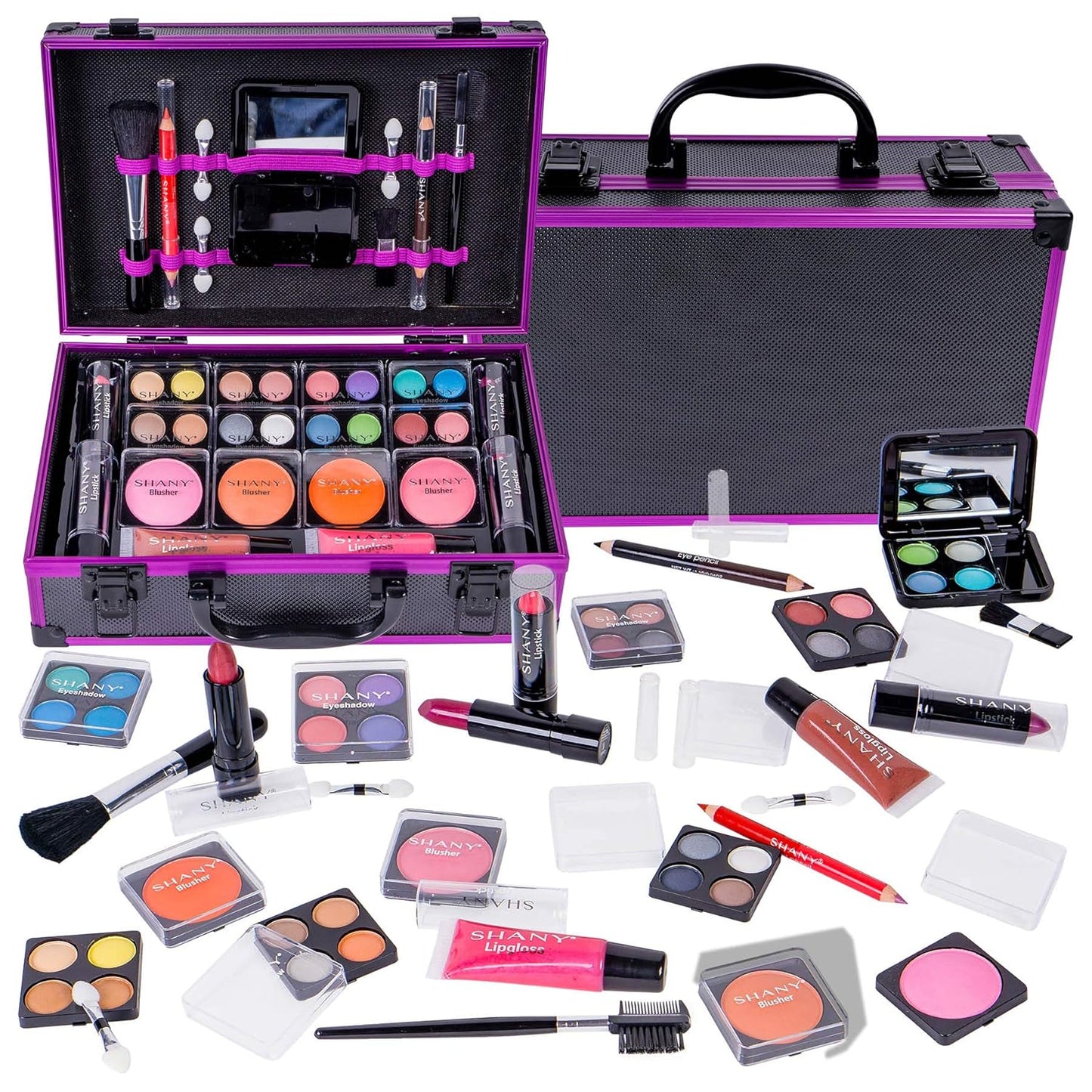 SHANY Carry All Make up Train Case with Pro Makeup Set, Beauty Brushes, Lipsticks, Eye Shadows, Blushes, Powders, and more - Reusable Cosmetics Storage Organizer - Premium Gift Packaging - Leopard