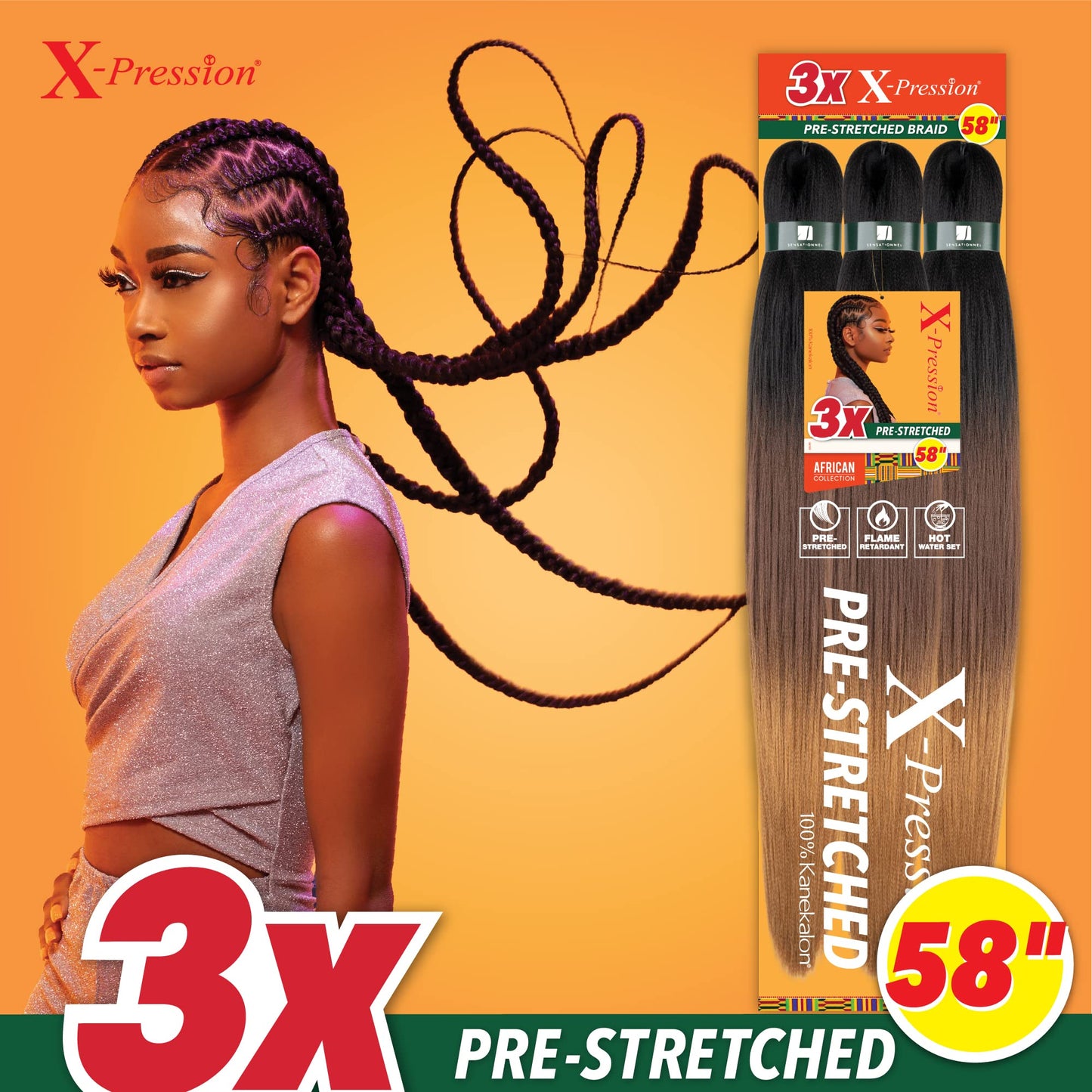 Sensationnel X-pression prestretched braiding hair - 3x braid 58 inch all kanekalon flame retardant synthetic braid for box braids and twists (4 pack, 4 MEDBROWN)