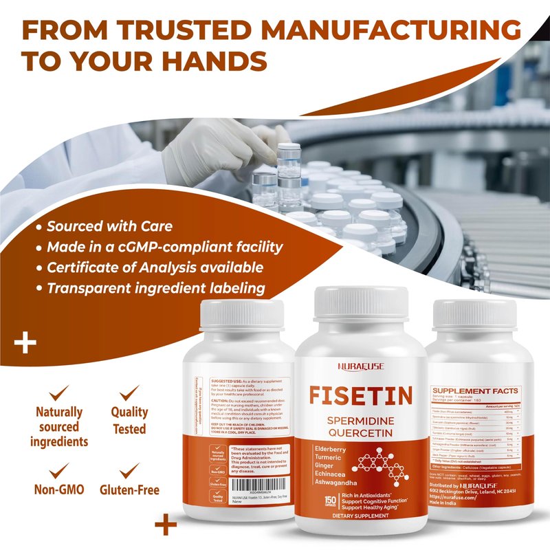 NURAFUSE Fisetin 10-in-1 Formula - with Spermidine Quercetin Resveratrol, Elderberry, Turmeric Non-GMO, Gluten-Free, Soy-Free