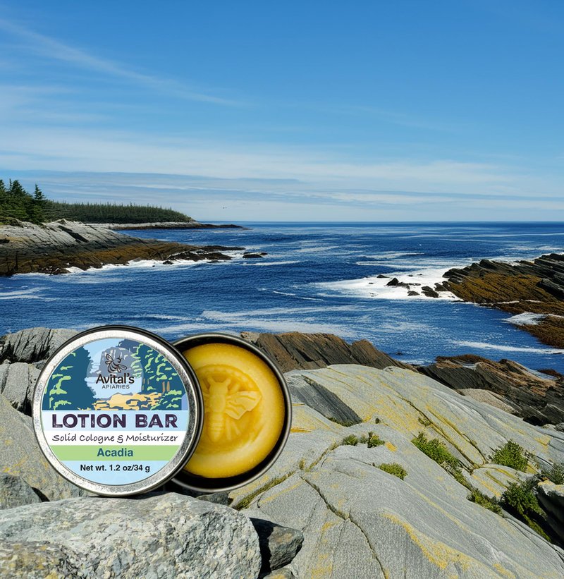 Avital's Apiaries 1.2 oz Acadia Beeswax Lotion Bar – Coastal Sea Air & Spruce Scent – Solid Natural Moisturizer for Dry Skin – Shea & Mango Butter – Plastic-Free Travel Lotion