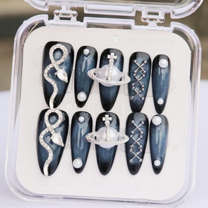 CAMILCY Handmade Nails Press on Almond Shaped Black Pearl Snake Design Hand Painted Reusable Gel UV Finished Pre Shaped False Nails for Women 10Pcs 3D Handmade Nails(A012 L)