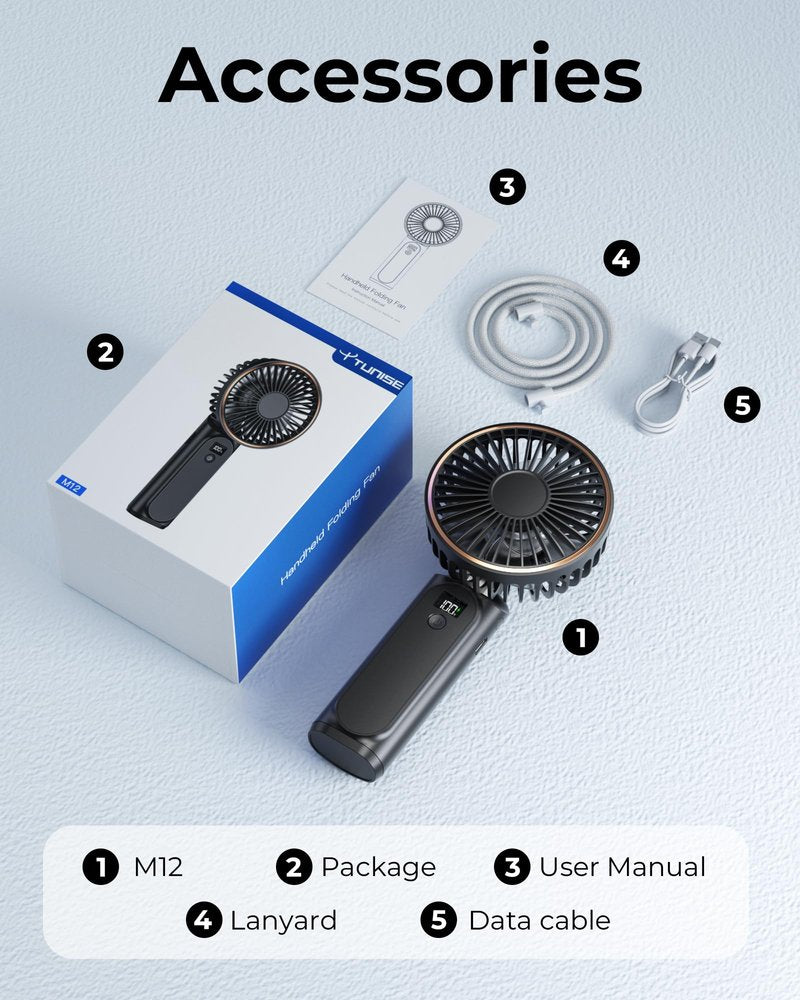 TUNISE Portable Handheld Fan, Portable Fan Rechargeable, 4000mAh, 180° Adjustable, 6 Speed Wind, Display Electricity in Real Time, USB Rechargeable Foldable F an, Quiet Personal Fan as Power Bank