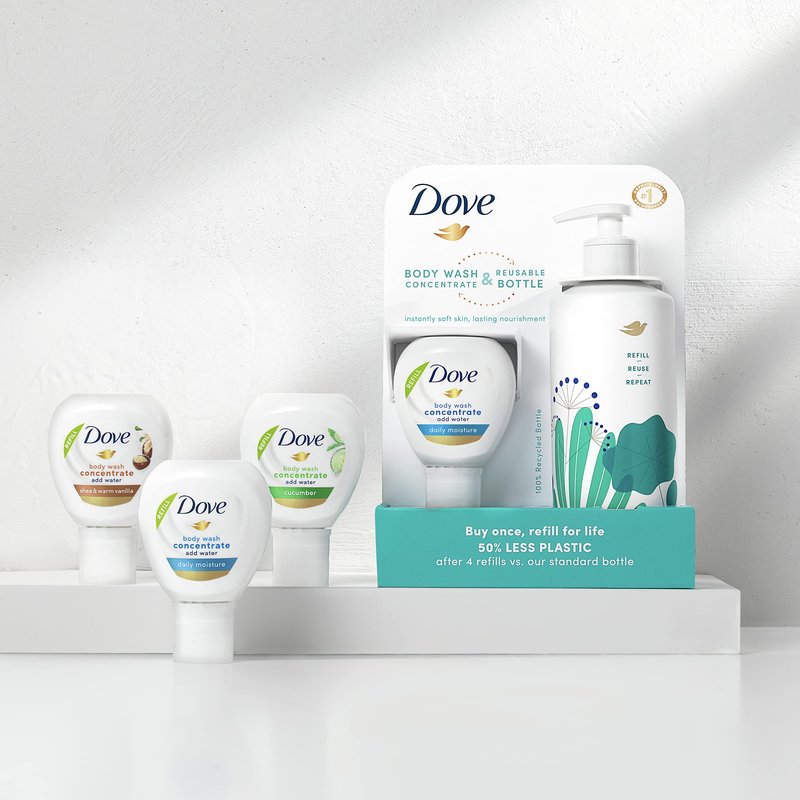Dove Concentrate Refill and 100 percent Recycled Reusable Bottle for Instantly Soft Skin Daily Moisture Starter Kit for Lasting Nourishment Body Care 4 Fl oz (makes 16 Fl oz)
