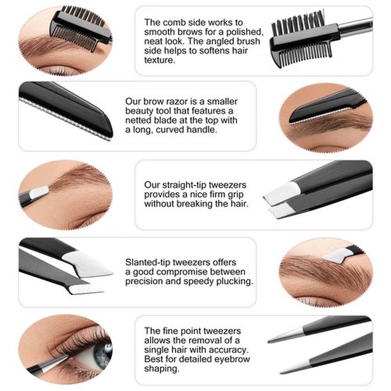 Exquisite Eyebrow Kit - 8 in 1 - Eyebrow Tweezer Kit 4 PCs - Eyebrow Shaping Kit - Multipurpose Eyebrow Grooming kit - Eyebrow Razor, Eyebrow Brush and Comb, Pencil, Eyebrow Scissors in Padded Case