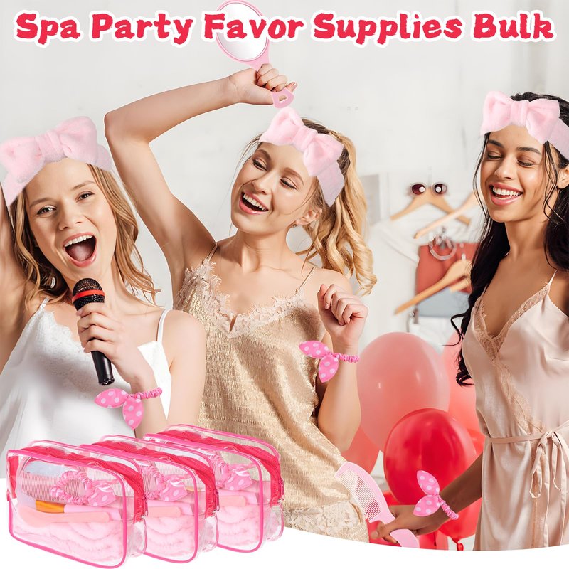 64 PCS Spa Sleepover Party Favor Supplies for Women Bulk, Include Pink Face Mask Mixing Bowl Sets, Handheld Mirrors, Combs, Headbands, Scrunchies, Cosmetic Bags for Slumber Party Supplies