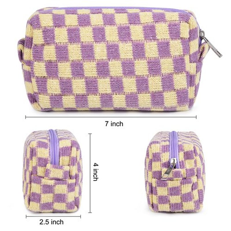 SOIDRAM 2 Pieces Makeup Bag Checkered Cosmetic Bag Purple Blue Makeup Pouch Travel Toiletry Bag Organizer Cute Makeup Brushes Storage Bag for Women