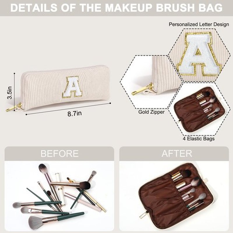 YOOLIFE Girls Gifts Travel Makeup Bag - White Makeup Bag Cosmetic Bags for Women Corduroy Cute Makeup Bag Stocking Stuffers for Teens Personalized Best Friend Birthday Gifts for Women Her Letter M