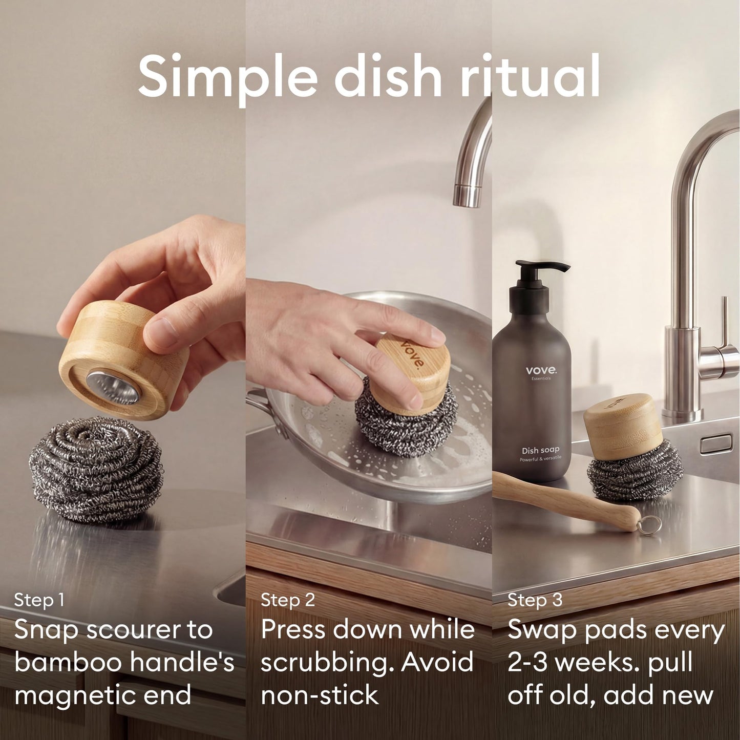Vove Magnetic Scourer – Rust-Free Stainless Steel Scrubber with FSC-Certified Bamboo Handle, 3 Replacement Pads, for Cast Iron, Pots & Pans, Plastic-Free Zero Waste Cleaner