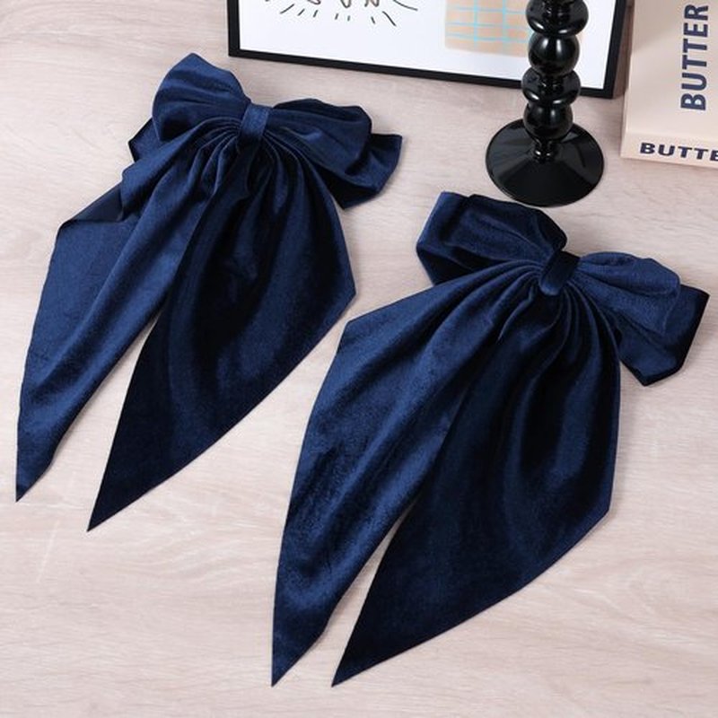 2Pcs Navy Blue Hair Bows Large Velvet Hair Ribbons Bow French Barrettes Clip Long-Tail for Women Girls Oversized Cute Aesthetic Wedding Prom Party Hair Styling Accessories