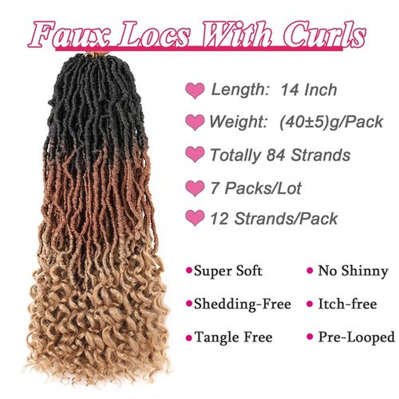 Leeven 14 Inch Ombre Color Goddess Faux Locs Crochet Hair 1B3027# Crochet Soft Locs Hair With Curly Ends 7 Packs Synthetic Bohemian Locs Crochet Braiding Hair for Women 12 Strands/Pack