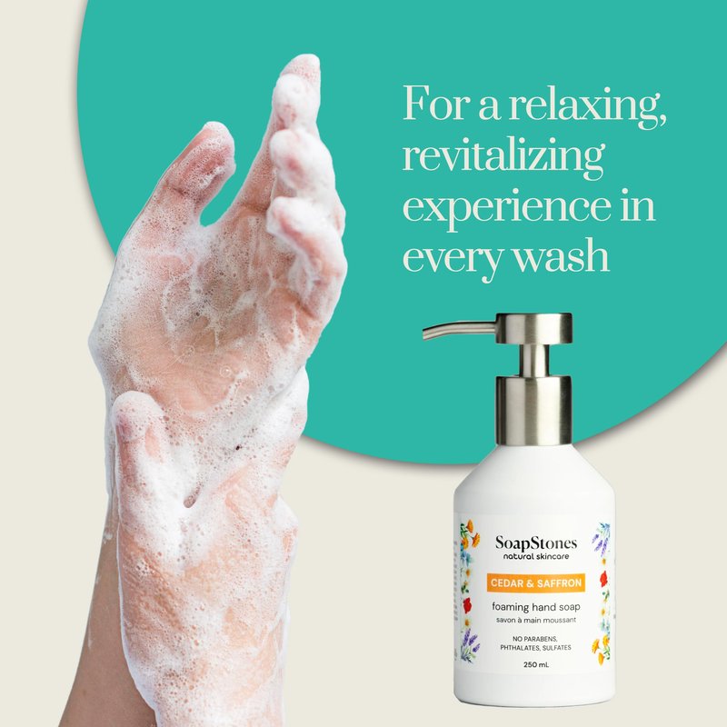 Soapstones Natural Skincare Foaming Hand Soap - 250 mL - Moisturizing, Soft and Hydrating Formula (Cedar & Saffron)