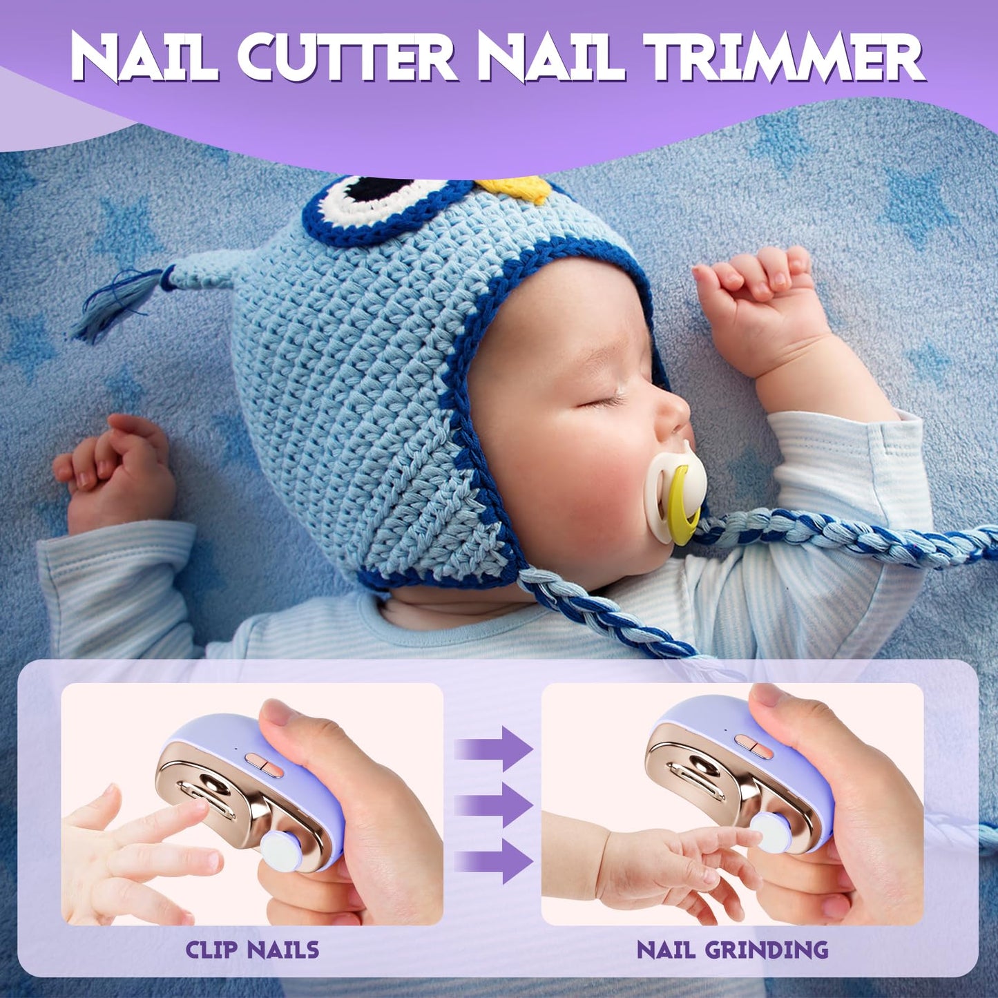 3 in 1 Automatic Electric Nail Clipper with Polishing, Safe and Convenient Nail Trimmer with Nail Clip Storage, 2 Speed Electric Toe Nail Clippers Nail Cutter with Light for Kids Adults (Purple)