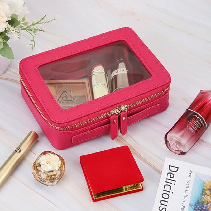 Aveniee Clear Makeup Bag for Women, Clear Cosmetic Case Travel Toiletry Bag, Heavy Duty Makeup Organizer Car Bag for Accessories with Clear Windows & Gold Zippers(PitayaPink)