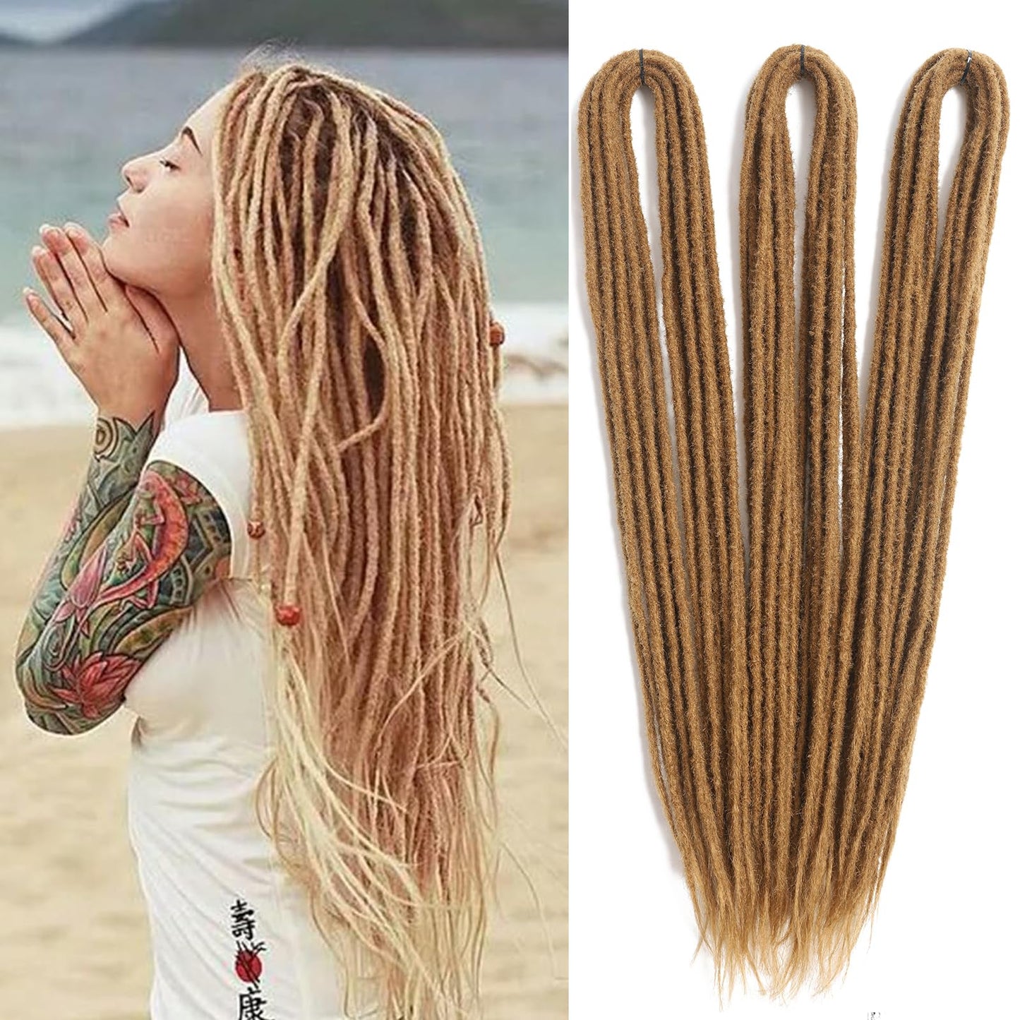 Honey Blonde Double Ended Dreadlock Extensions 22 inch Thin 0.6cm 10 Strands Handmade Synthetic DE Dreads Extensions #27