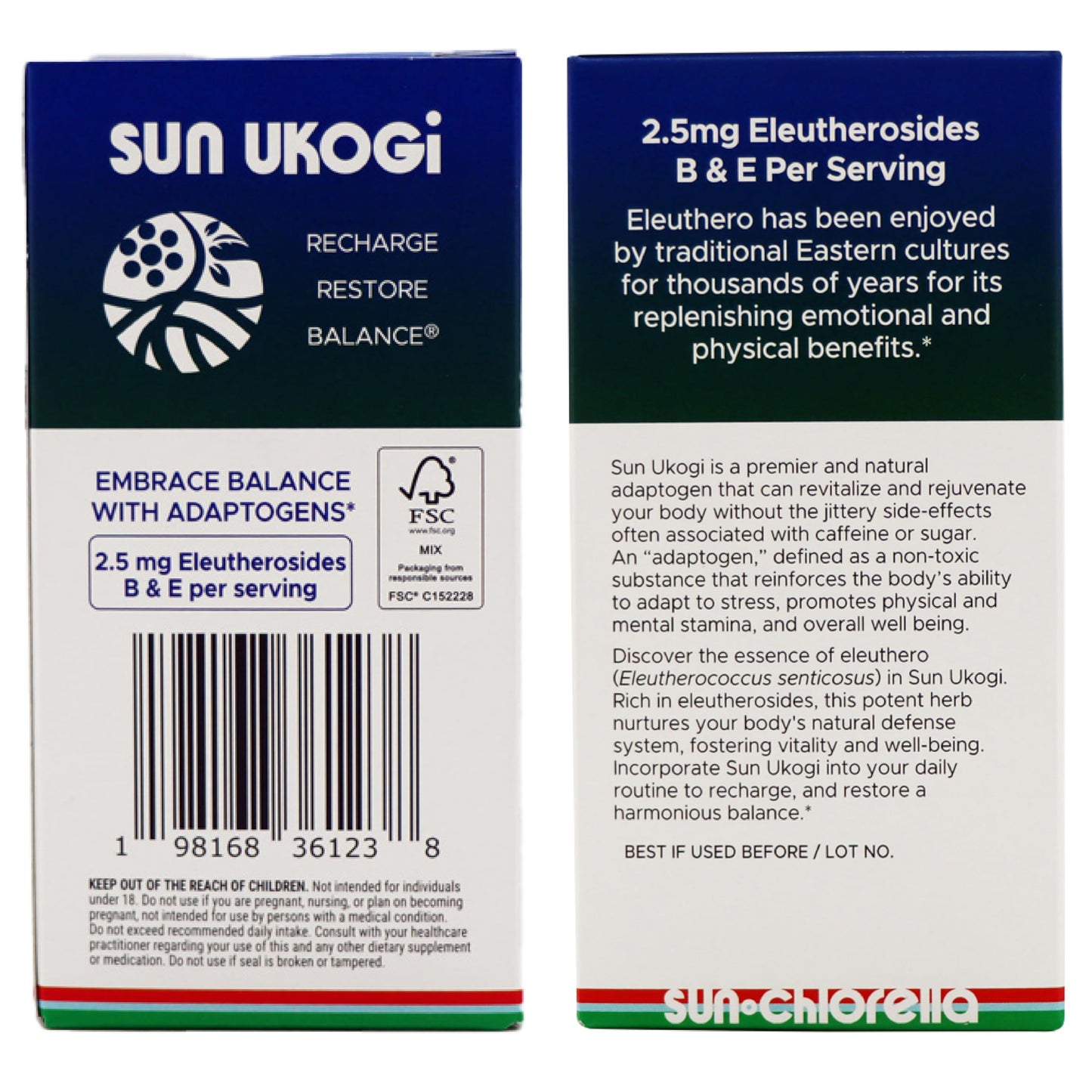 Sun Chlorella Sun Ukogi Eleuthero Root 200 mg Siberian Ginseng Supplement - Natural Adaptogen Well Being & Endurance Supplement for Women & Men - Non-GMO - 240 Tablets