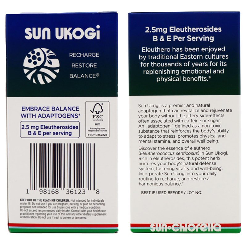 Sun Chlorella Sun Ukogi Eleuthero Root 200 mg Siberian Ginseng Supplement - Natural Adaptogen Well Being & Endurance Supplement for Women & Men - Non-GMO - 240 Tablets