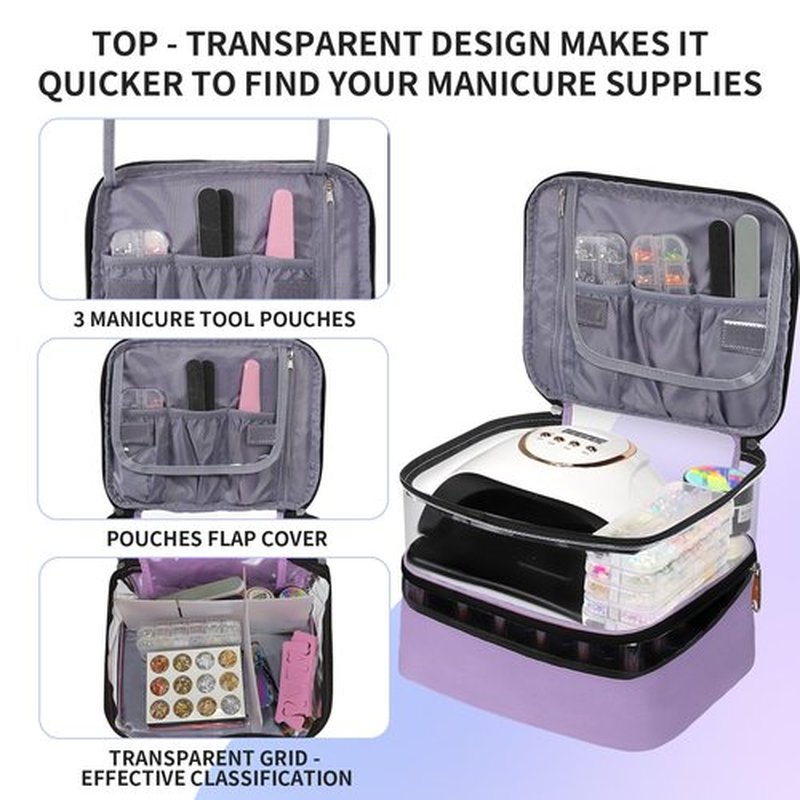 Clear Nail Polish Organizer Double layer Nail Polish Holds 30 Bottles and Nail Lamp, Nail Dryer Case Storage Supplies with Adjustable Dividers, Portable Nail Carrying Bag for Nail Tech (Purple)