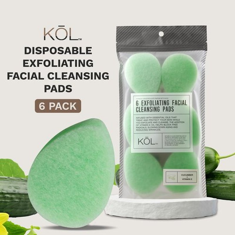 KOL Face Scrubber, Cucumber Infused Exfoliating Facial Cleansing Pads, Disposable Exfoliator Face Sponge for Daily Face Cleaning and Makeup Removal, 6 Count