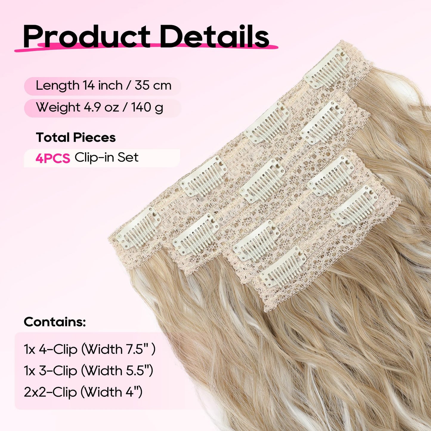 REECHO Clip in Hair Extensions, 4PCS Hair Extensions 14" Short Wavy Hair Extensions Invisible Lace Weft Natural Soft Hairpieces for Women – Ash Blonde with Highlights