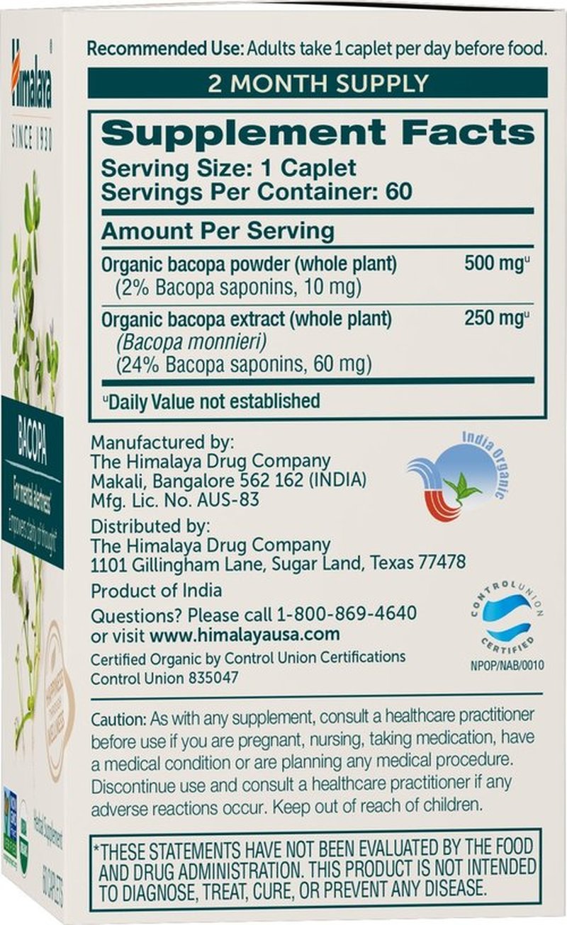 Himalaya Organic Bacopa Monnieri Nootropic Herbal Supplement, Mental Alertness, Supports Calm, Memory, Cognition, USDA Organic, Non-GMO, 750 mg, 60 Plant-Based Caplets, 2 Pack, 120 Day Supply