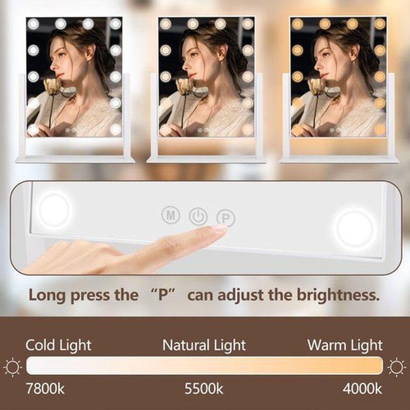 SLIMOON Lighted Makeup Mirror, 17"x 14" Hollywood Vanity Mirror with 12 LED Bulbs, 3 Color Lights, and Detachable 10X Magnification Mirror, 1000mAh Rechargeable, Touch Control, 360°Rotation (White)