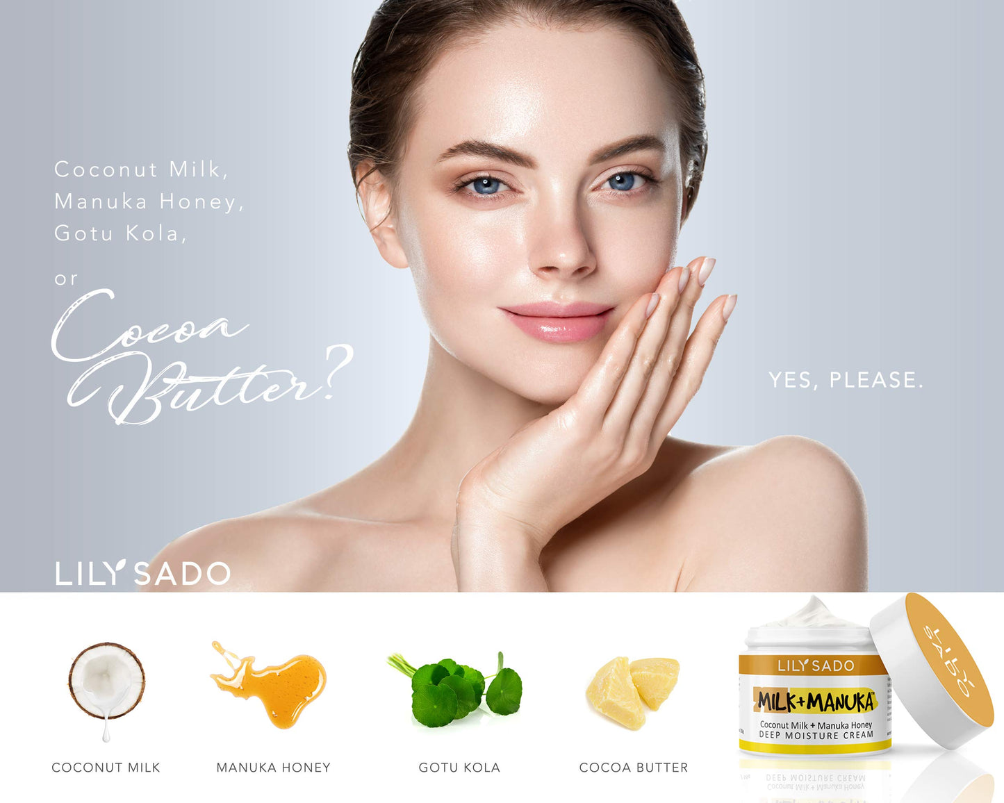 LILY SADO MILK+MANUKA™ Coconut Milk & Manuka Honey Natural Face Moisturizer - Non Greasy Organic Facial Cream with Cocoa Butter & Gotu Kola - Anti-aging, Cruelty-Free Formula. For Women & Men.