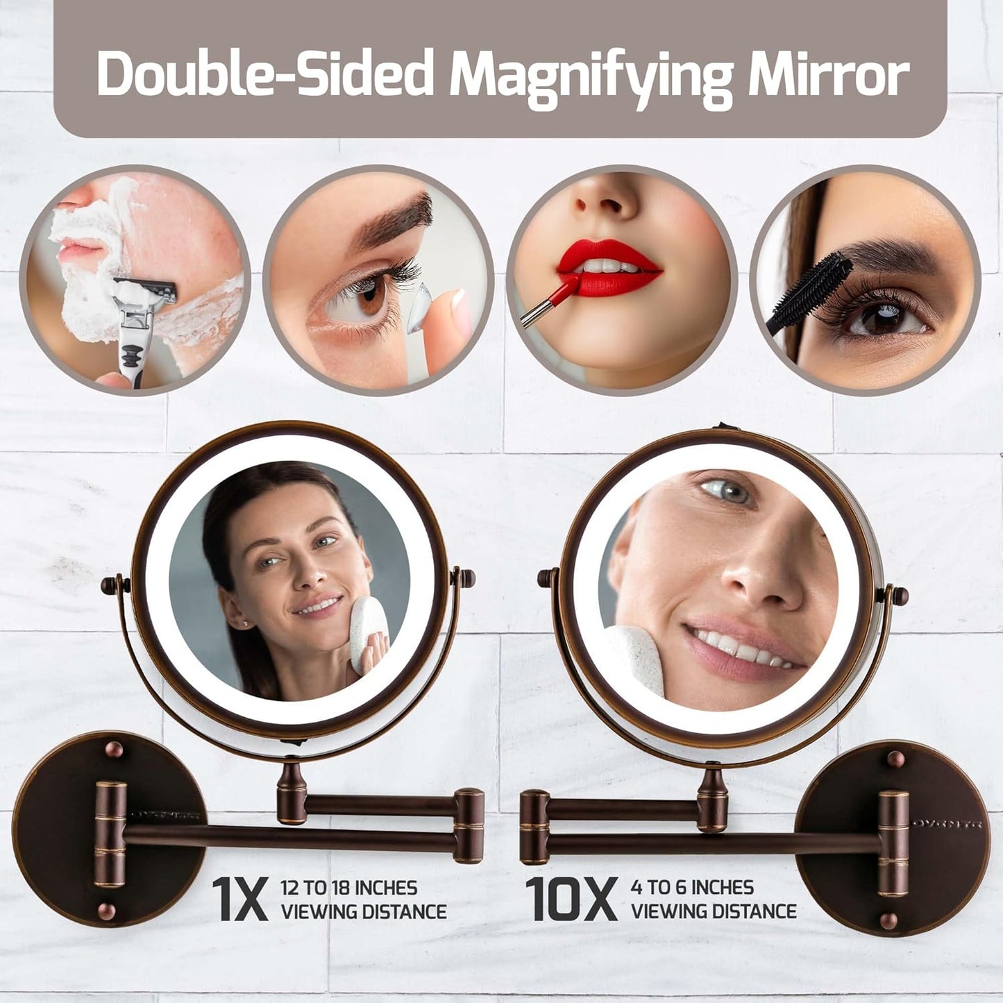 OVENTE 7" Lighted Wall Mount Makeup Mirror with 1X/10X Magnification, Cordless Double Sided Magnifying Round Vanity Mirror, 360° Swivel Design, Extendable and Folding Arm, Antique Bronze MFW70ABZ1X10X