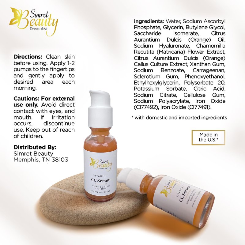 Simret Beauty Vitamin C CC Serum - Complexion Corrector with Citrus Stem Cells & Hyaluronic Acid, Anti-Aging, Hydrating, Dark Spot Corrector, Brightening & Firming serum, 1 oz