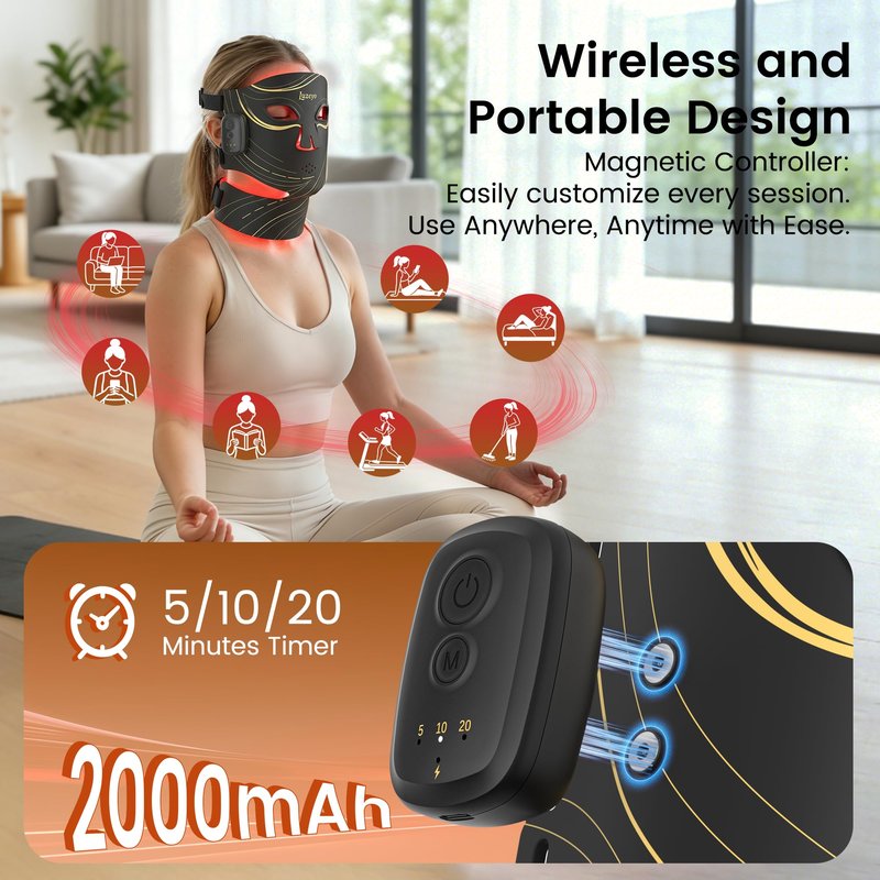 Wireless Red Light Therapy Mask for Face, Anti-Wrinkle & Acne Treatment for Full Face, Chin & Neck, 850nm Infrared Portable LED Face Mask for Home & Travel Use, Ideal Skincare Gifts for Women