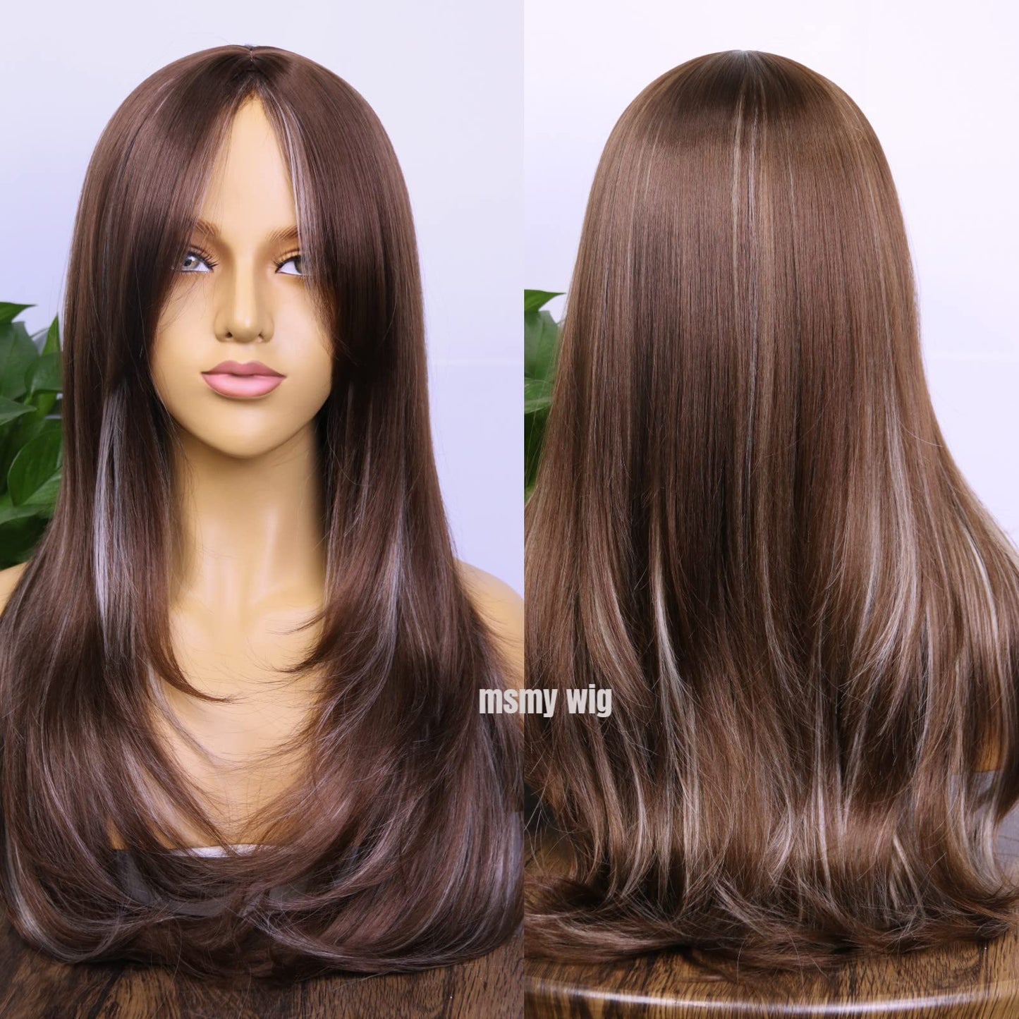 MSMYRNS Highlights Platinum Brown #4 Long Wavy Curly Heat Resistant Synthetic Wig Fringe Bangs Middle Part Pre Layered Natural Looking For Women Daily Use Long Bangs