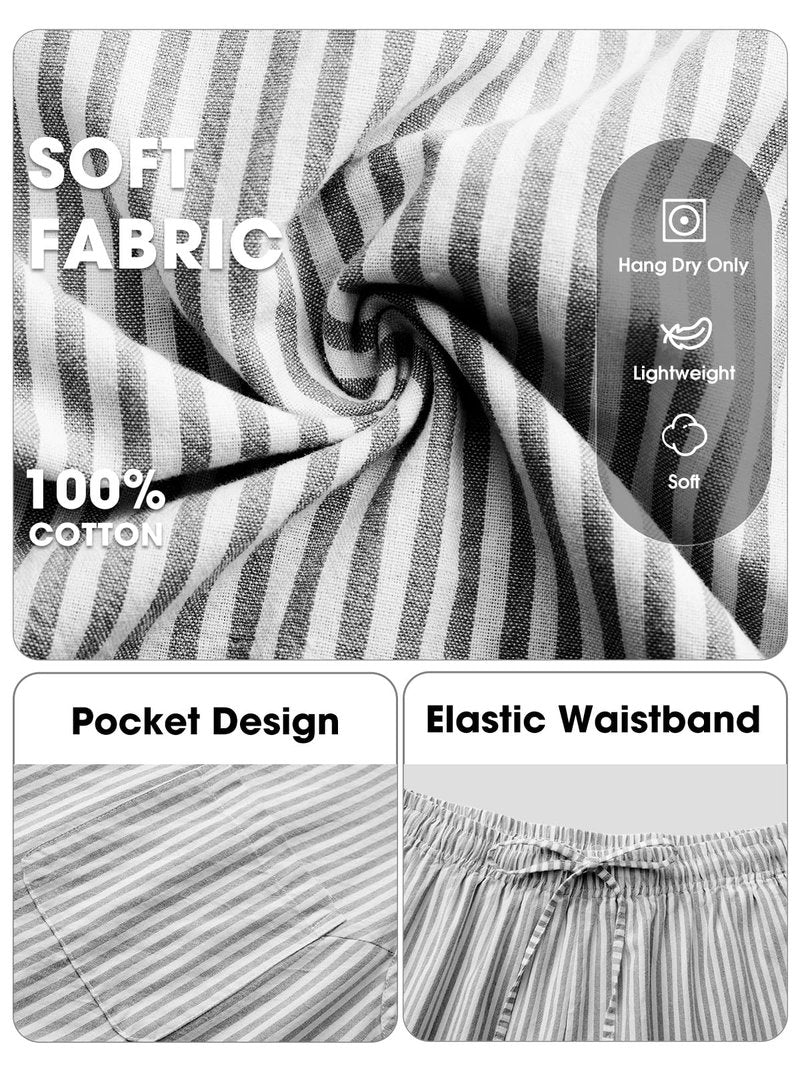 EXLURA Womens Summer 100% Cotton 2 Piece Outfits Striped Sleeveless Top Capri Wide Leg Pants Sets Faux Linen Beach Vacation