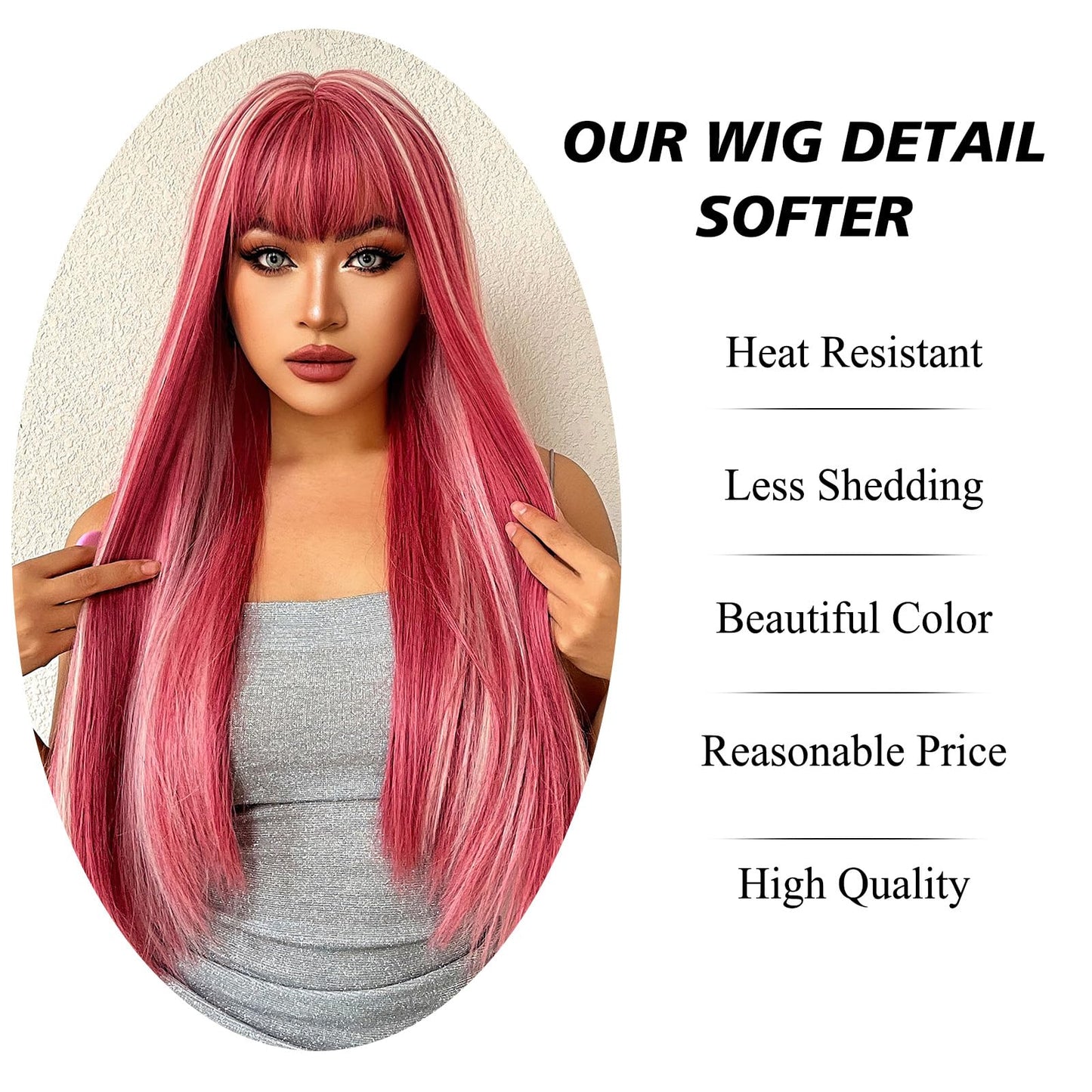 testar Pink Wigs for White Women Long Straight Wigs With Bangs Natural Looking Heat Resistant Fiber Synthetic Wigs for Any Occasion Use 26IN