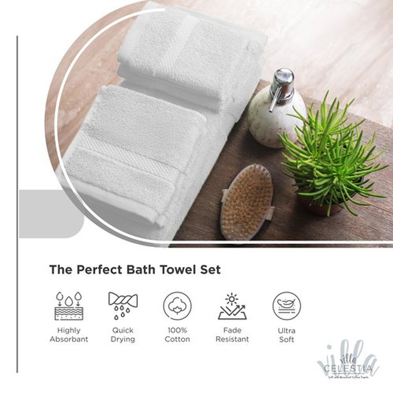 Villa Celestia 100% Cotton Bath Towel Set of 24-6 Bath Towels, 6 Hand Towels, 12 Wash Cloths, Sustainable, Soft, Highly Absorbent, Combed Cotton 24 Piece Set for Hotels, Spa, Bathroom, Dorm, White