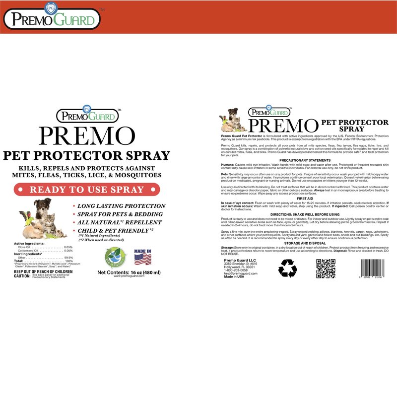 Premo Guard Pet Protector Spray - 16 oz - Kills Mites, Fleas, Ticks, & Mosquitoes - for Dogs, Cats, & Home - Natural Plant Based Oils for Control, Prevention & Treatment - Family Safe