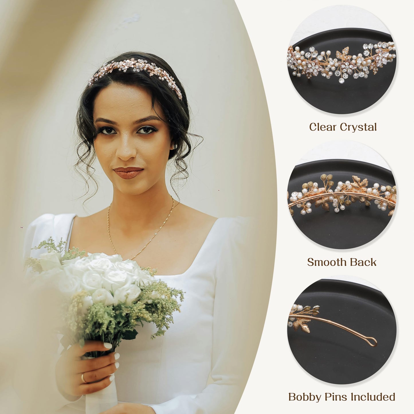 Oriamour Wedding Headbands Bridal Pearl and Crystal Floral Hair Accessories Bridal Headpieces For Bride Women Party Prom (Gold, 18'')