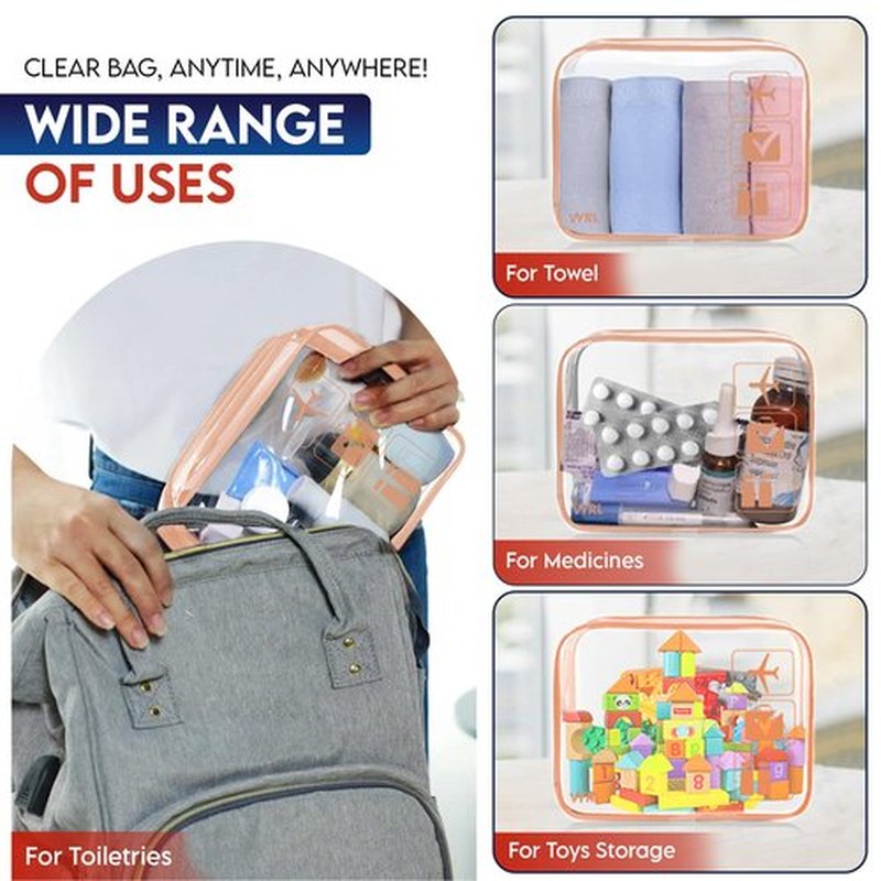 VYRL 2 Pack Clear Makeup Bag - Quart Size 3-1-1 TSA Approved Toiletry Bag with Zipper - Water-Resistant Durable PVC Clear Toiletry Bag for Carry-on Airport Travel Accessories - Rose Gold