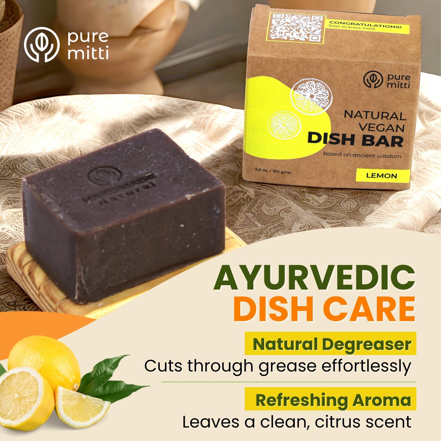 Pure Mitti Lemon Dish Soap Pack Of 5 (5.5 Oz Each) | Solid Bar Soap For Sparkling Clean Dishes | Natural, Plastic-Free Cleaning Supplies | Alternative To Dishwashing Liquids & Detergents