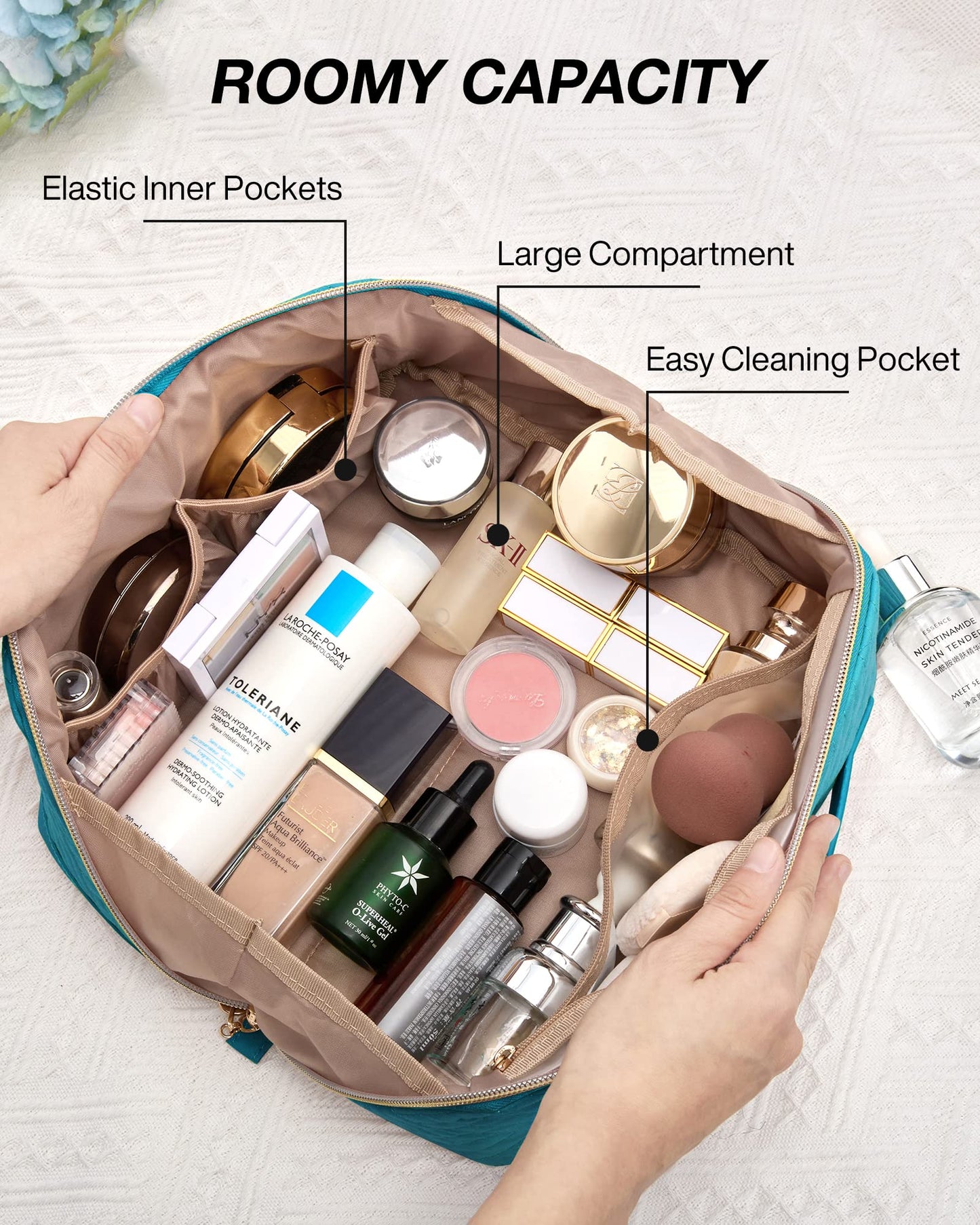 BAGSMART Makeup Bag, Travel Cosmetic Bags Water-resistent Makeup Case for Women Portable Pouch Open Flat Make Up Organizer for Toiletries, Brushes, Teal