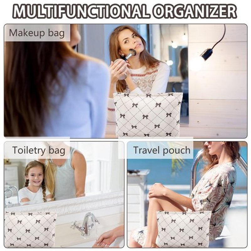 ZLFSRQ Corduroy Makeup Bag for Women Preppy Large Capacity Cosmetic Bag Travel Toiletry Organizer Pouch for Purse Zipper Makeup Brushes Storage Tote Bag Cute Y2K Aesthetic Essentials Bag(Khaki Bow)